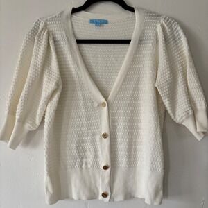 Draper James Gold Button White Short Puff Sleeve Cardigan Size Small